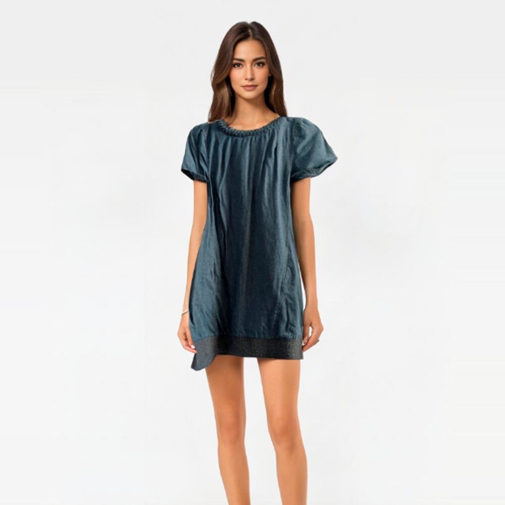 Anthropologie Chambray Mini Braided Collar Dress Holding horses Women's Size XS